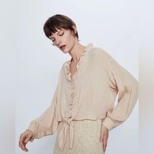 Zara Blush Ruffle Tie Blouse Size Small
